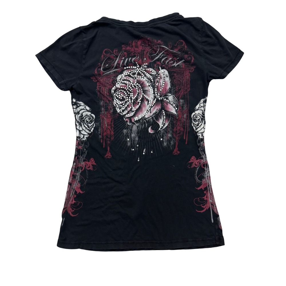 Live Fast Graphic V-Neck Tee Black Rhinestone Rose Y2K Short Sleeve Shirt Top XS